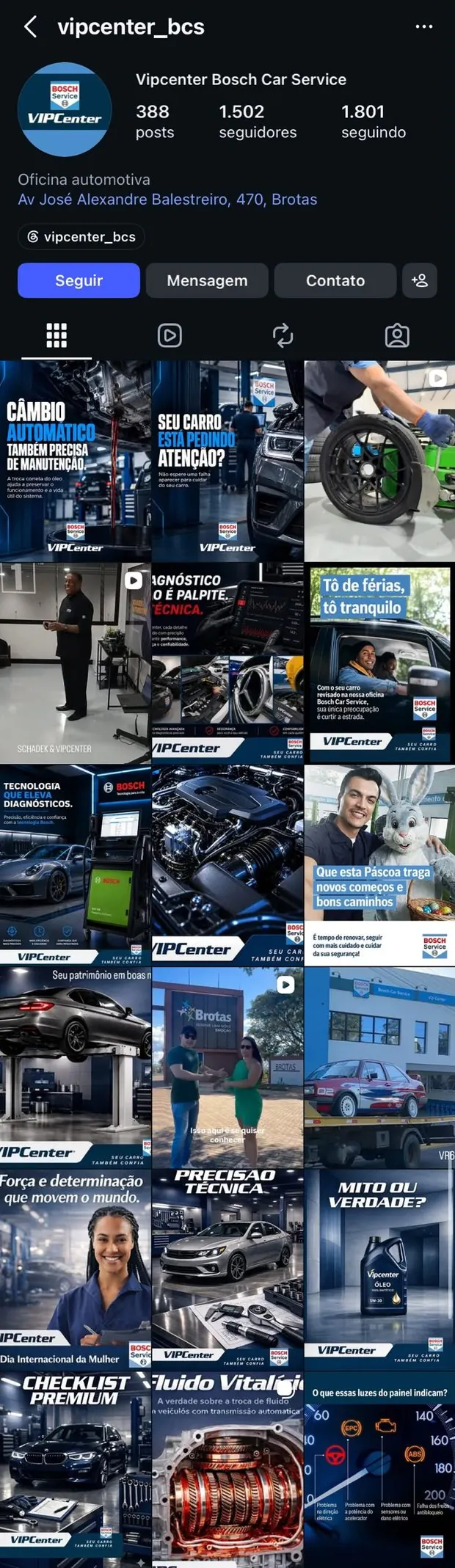 Perfil @vipcenter_bcs no Instagram com publicações da VIPCenter Bosch Car Service
